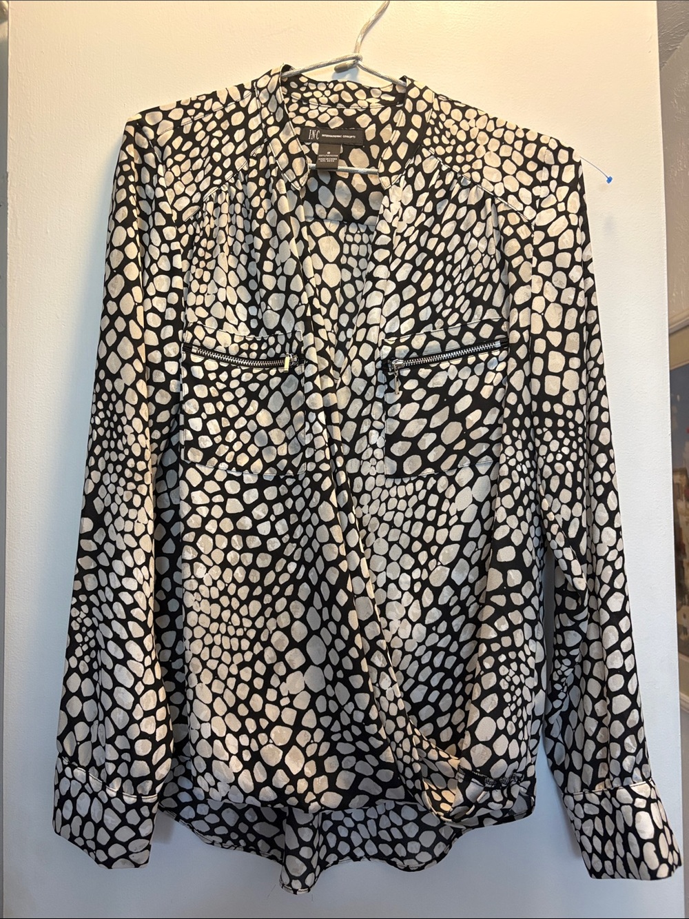 INC International Concepts Black & White Dotted Surplice Blouse